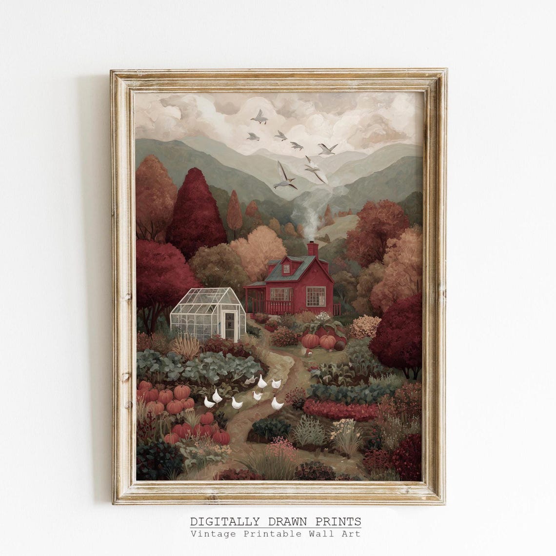 Autumn Cottage Garden Wall Art Fall Farmhouse Red Cabin Print Vintage Landscape