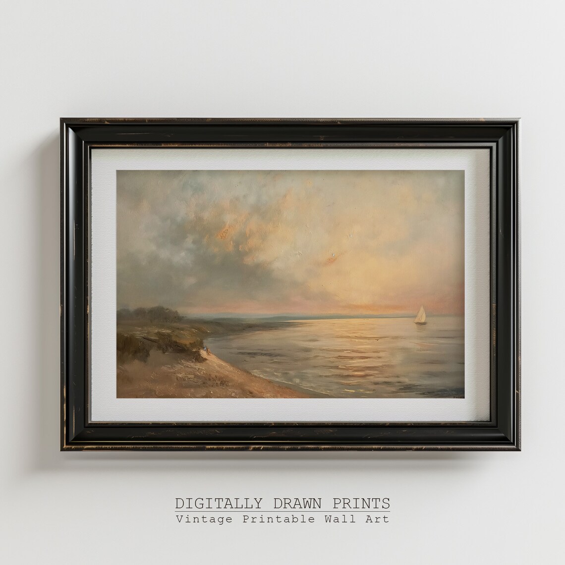 Golden Sunset Coastal Bay Sailboat Dunes Warm Vintage Seascape Art Poster - Image 4