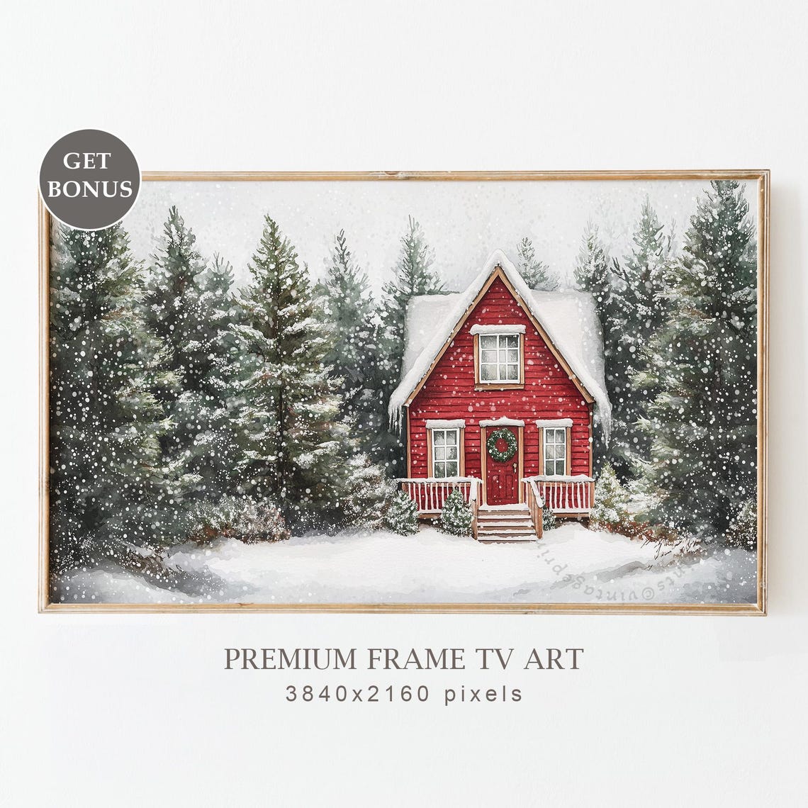 Red Christmas Cottage Wreath Snowy Forest Falling Snow Holiday Poster