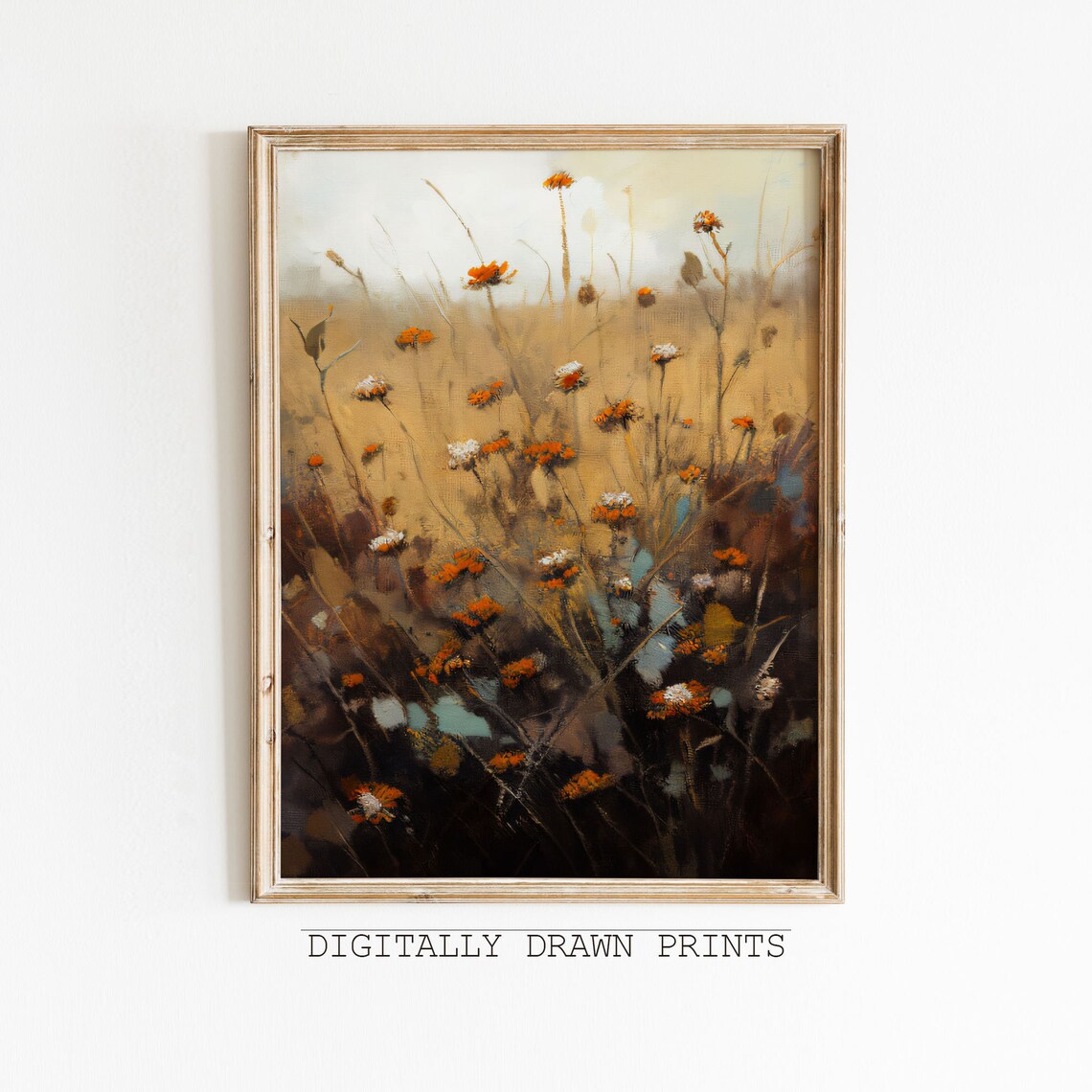 Autumn Wildflowers Orange White Blooms Golden Field Vintage Floral Poster