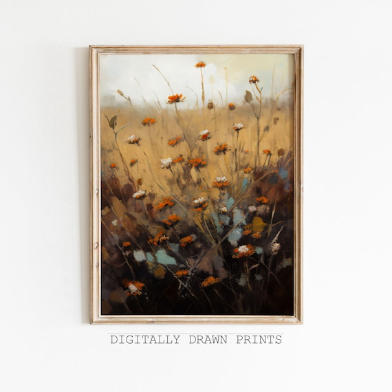 Autumn Wildflowers Orange White Blooms Golden Field Vintage Floral Poster