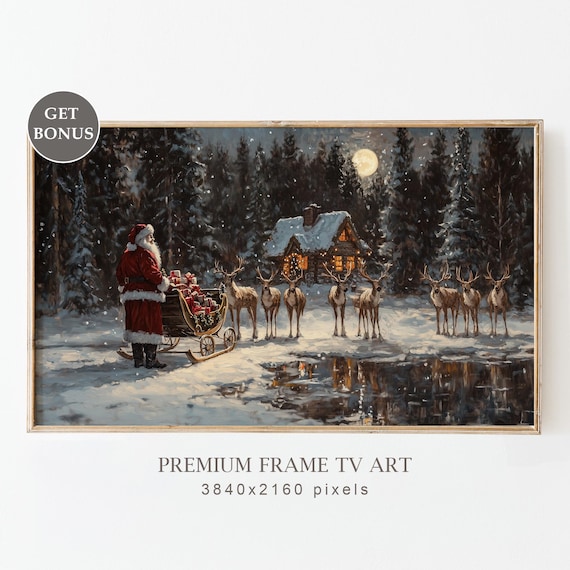 Vintage Christmas Santa and Reindeers, Holiday Art Print
