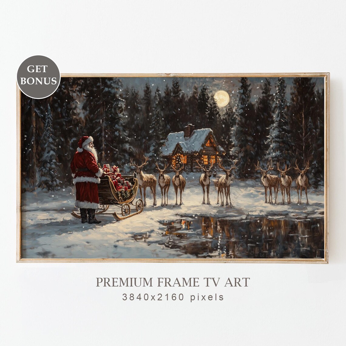 Vintage Christmas Santa and Reindeers, Holiday Art Print
