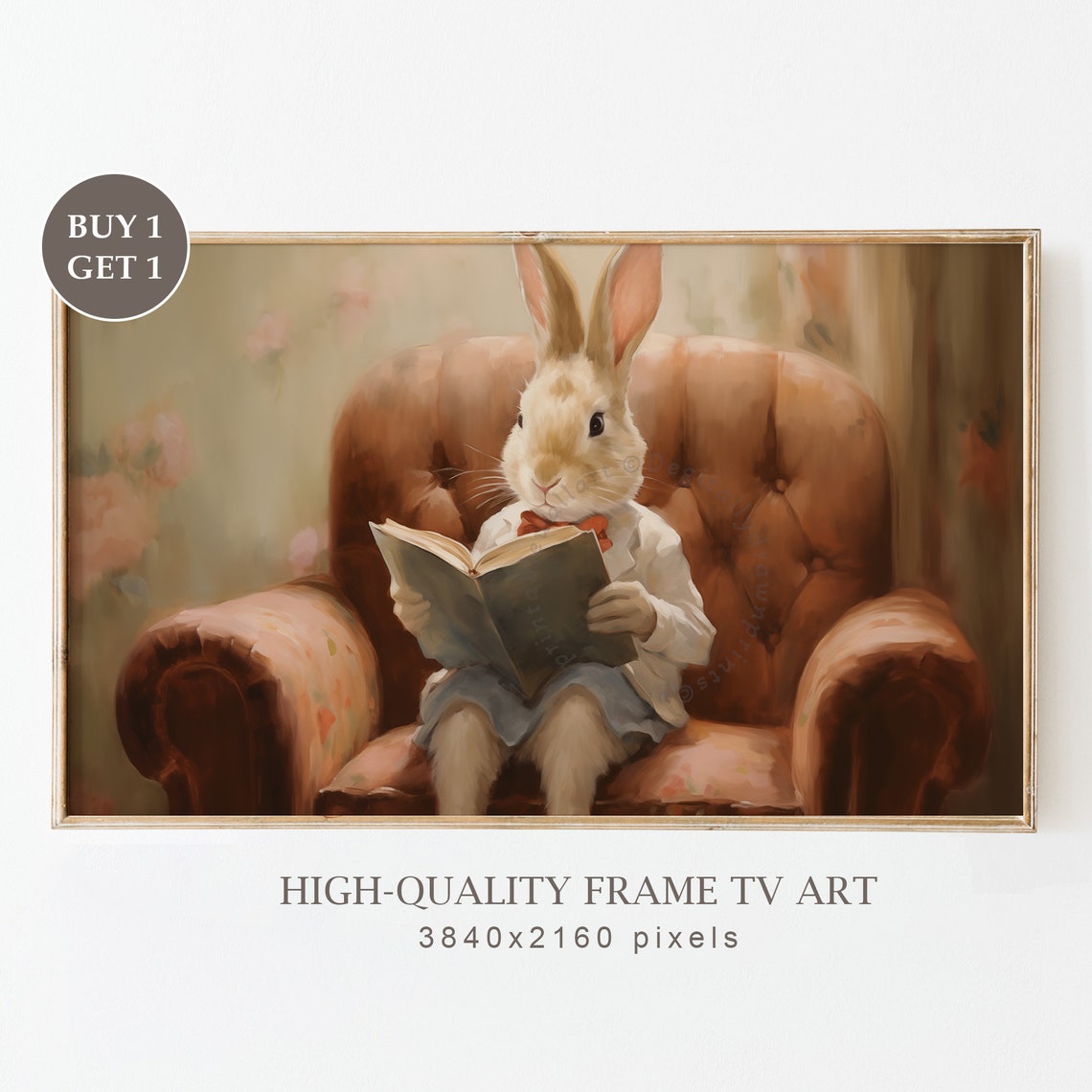 Easter Frame Tv Art Cute Easter Bunny Reading A Book Oil Painting Spring Farmhouse Decor Cottagecore Frame Tv