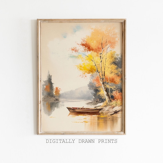 Autumn Lake Birch Rowboat Misty Morning Watercolor Fall Landscape Poster