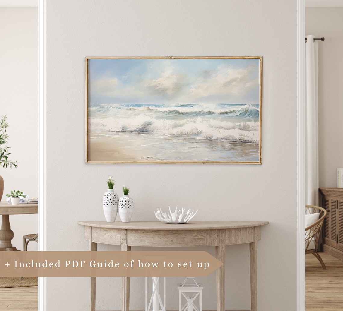Pastel Ocean Waves Beach Seascape Textured Oil Painting Coastal Wall Poster - Image 3