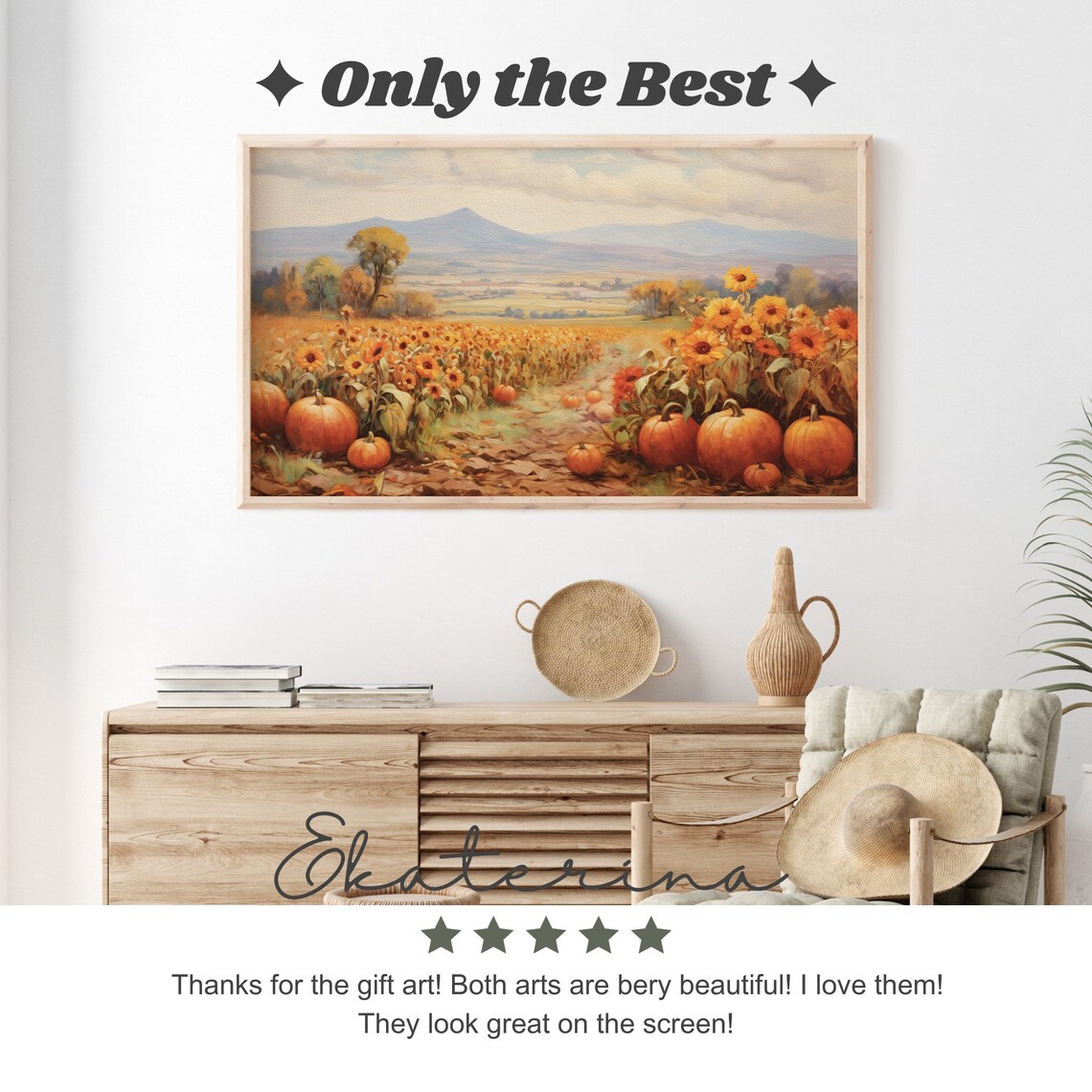 Pumpkins Among Orange Wildflowers In Golden Autumn Field Fall Art Print - Image 2