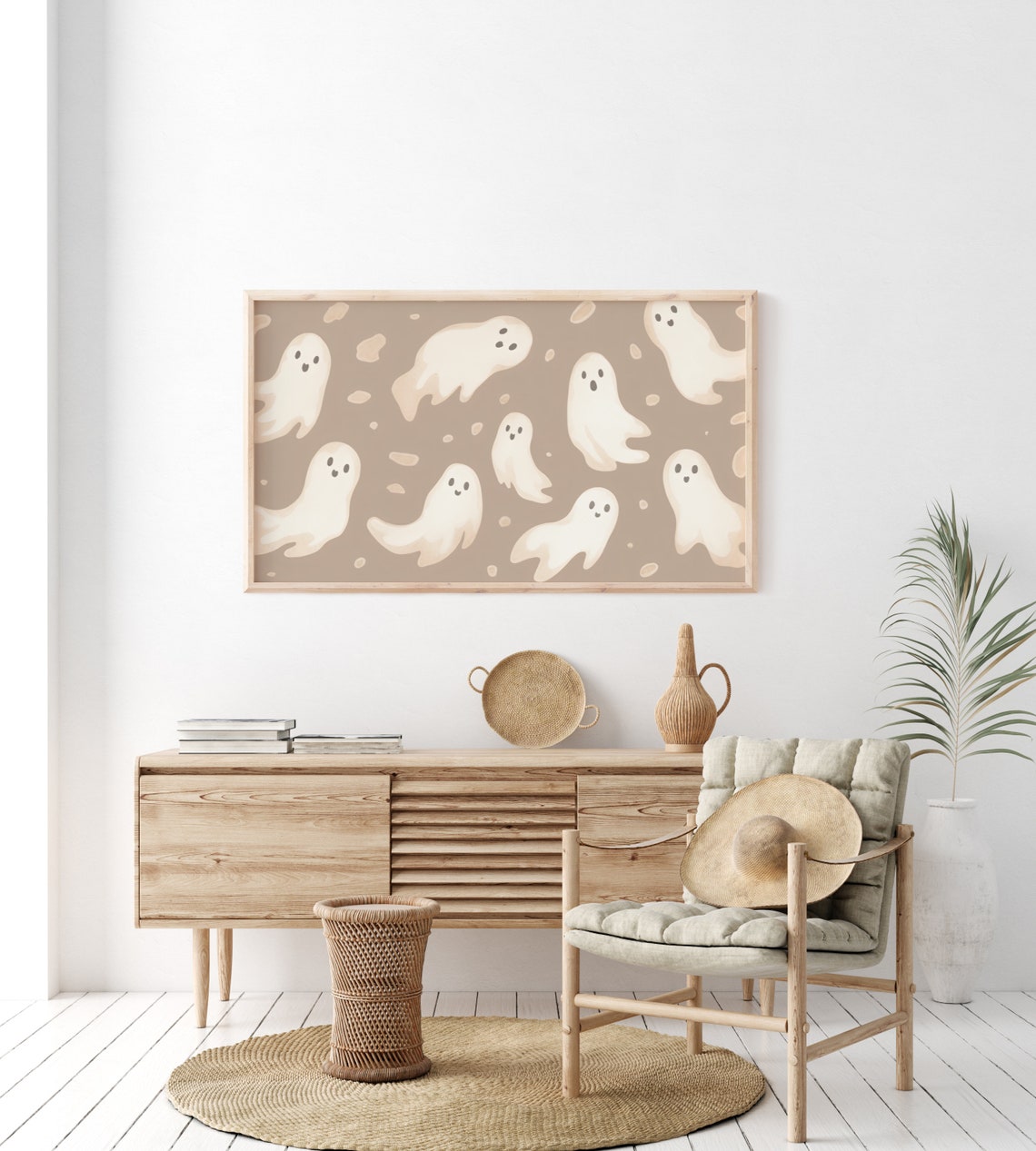 Cute Ghost Pattern Neutral Taupe Background Halloween Decor Wall Print - Image 3