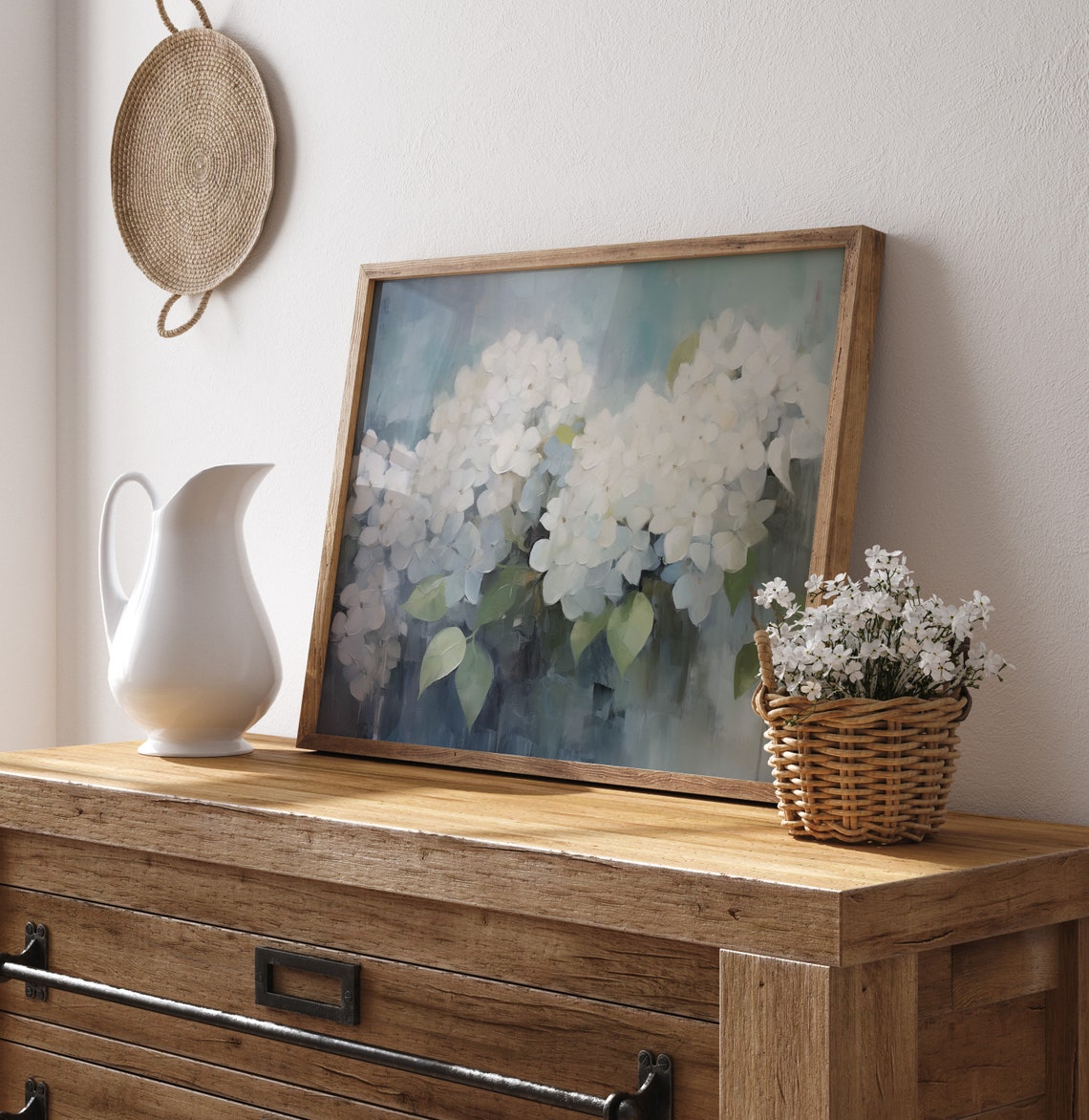 White Blue Hydrangea Blossoms Soft Impressionist Floral Art Print - Image 2