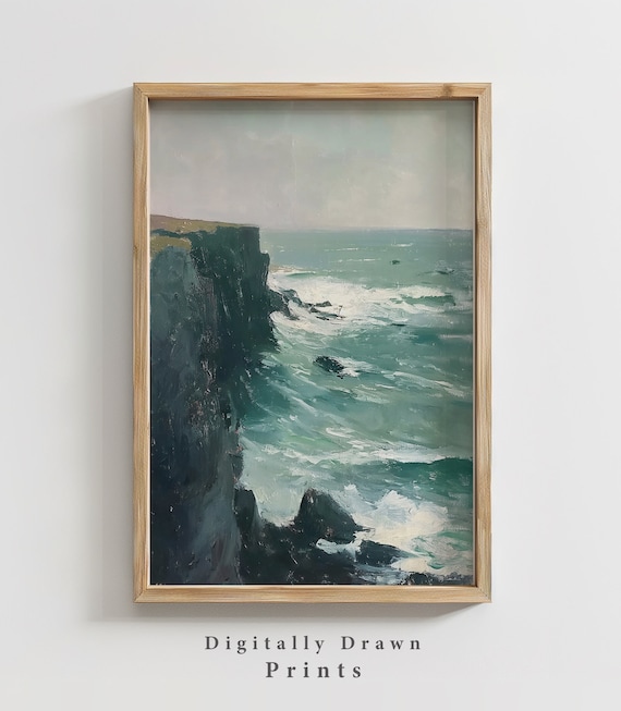 Dramatic Ocean Cliffs Crashing Waves Teal Vintage Coastal Cliff Art Poster