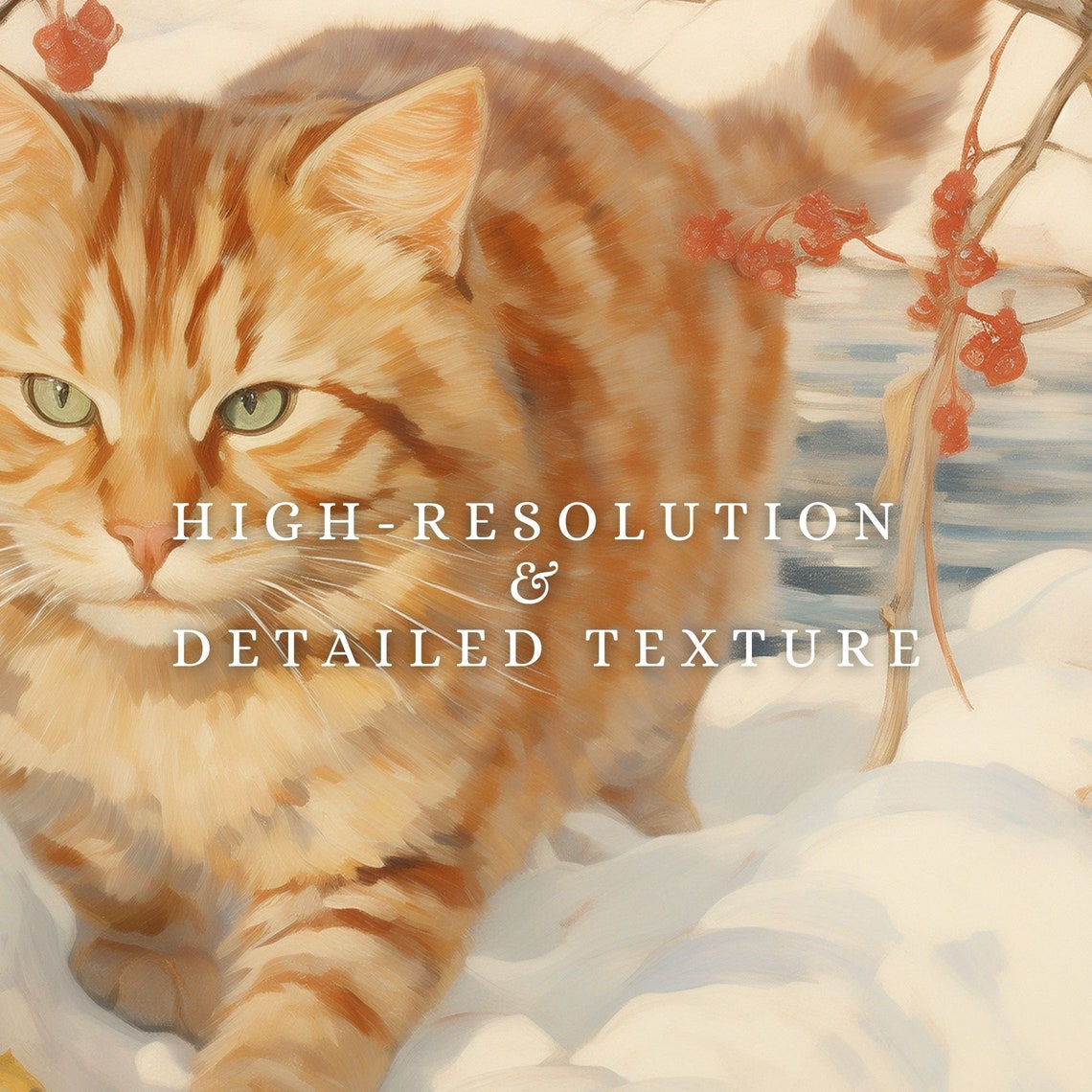 Orange Tabby Cat Walking Through Snow Winter Christmas Art Poster - Image 2