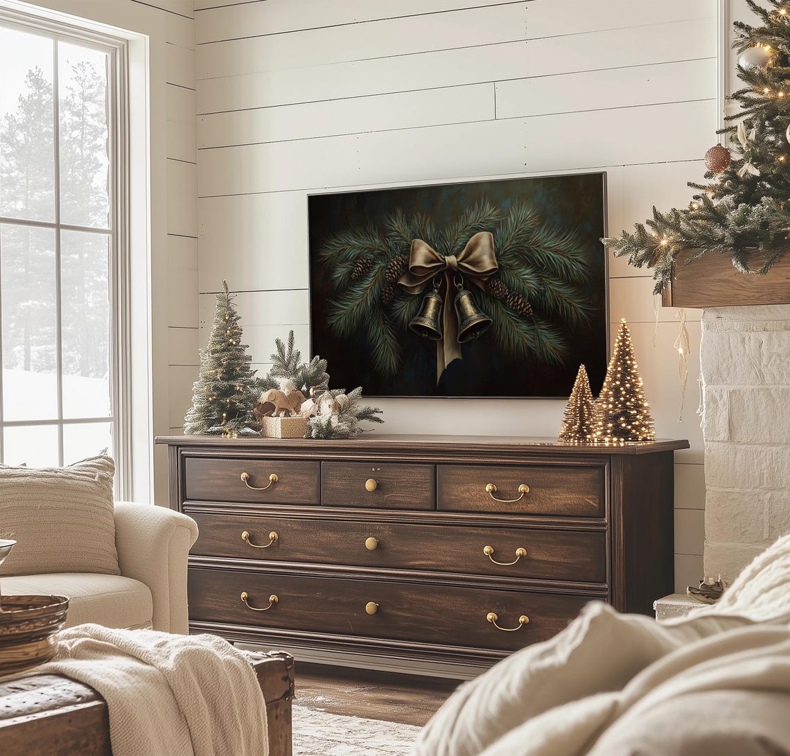 Dark Moody Christmas Bells Gold Bow Pine Branch Vintage Poster - Image 2