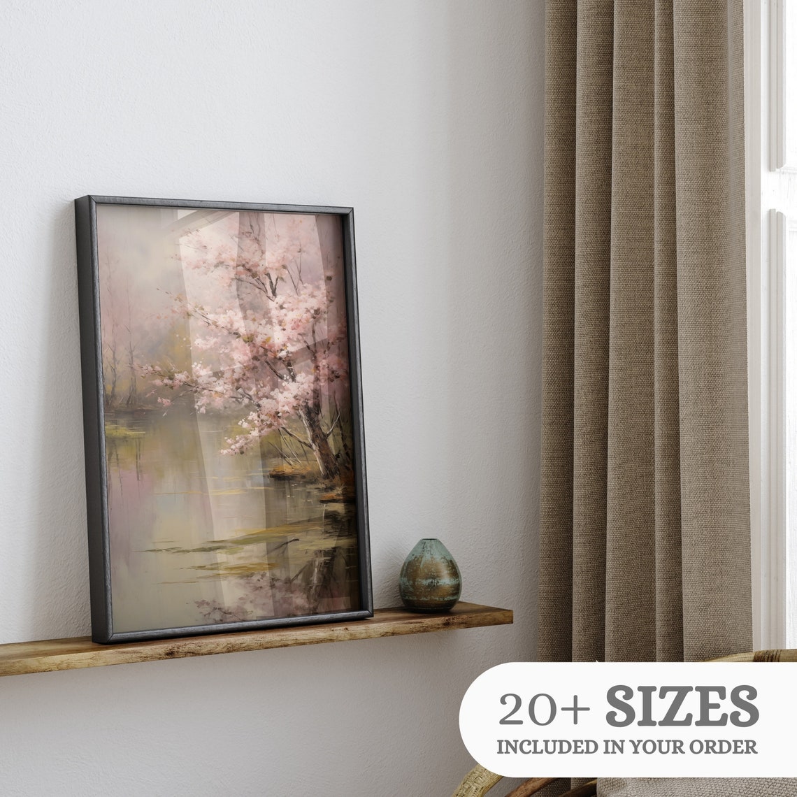 Cherry Blossom Tree Over Calm Lake Spring Moody Landscape Print - Image 3
