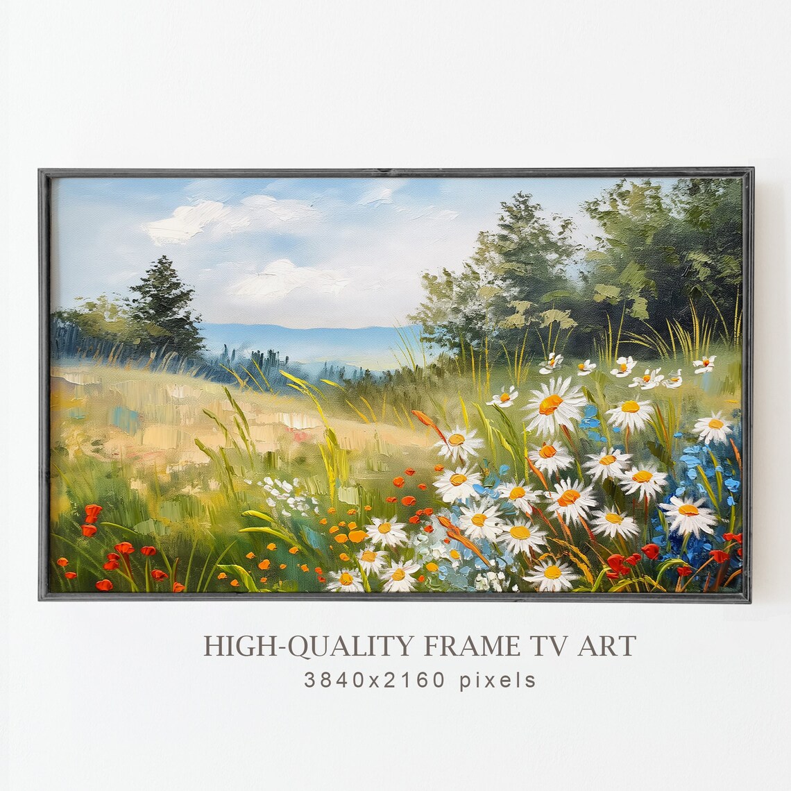 Sunny Summer Wildflower Meadow Daisies Lake Trees Vintage Landscape Poster - Image 5