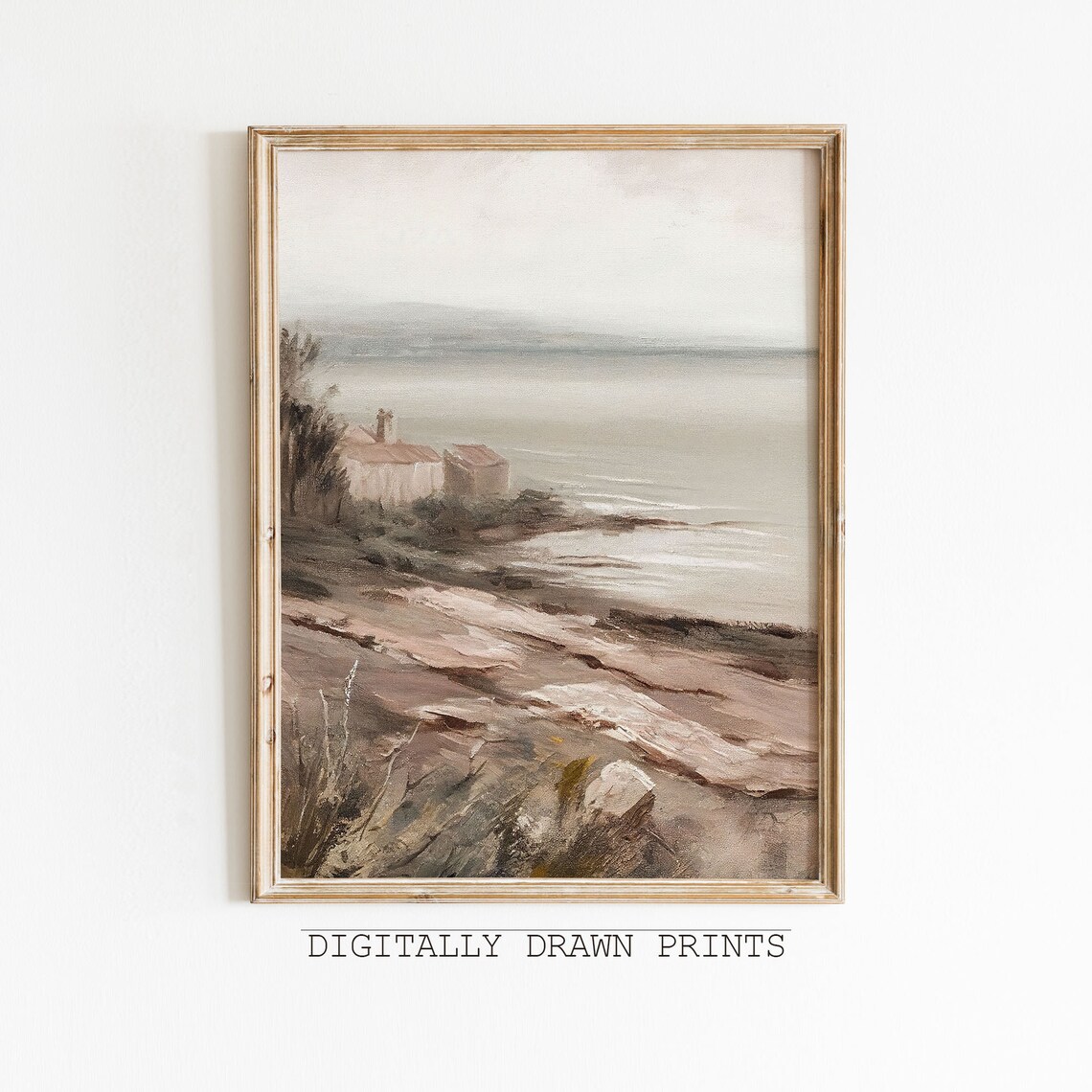 Moody Coastal Cottage Oil Painting Misty Beach Neutral Seascape Wall Art