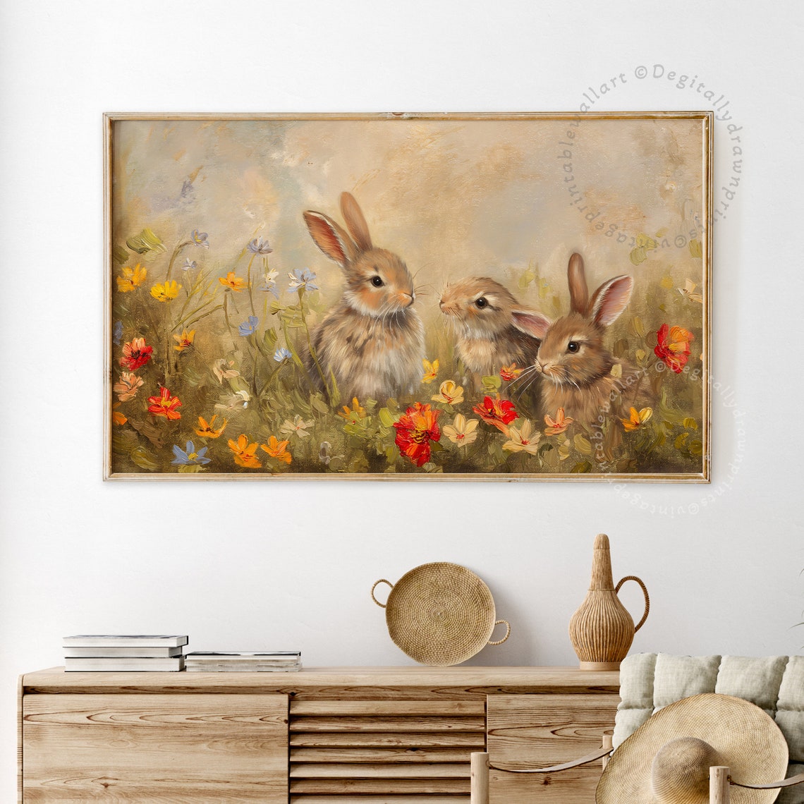 Three Baby Bunnies in Colorful Spring Wildflower Field Wall Art - Image 2