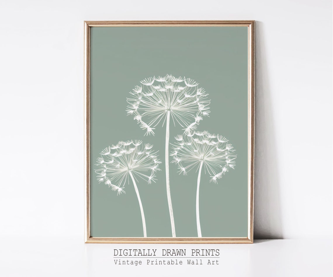 White Dandelion Seed Heads Sage Green Minimal Botanical Wall Art Print