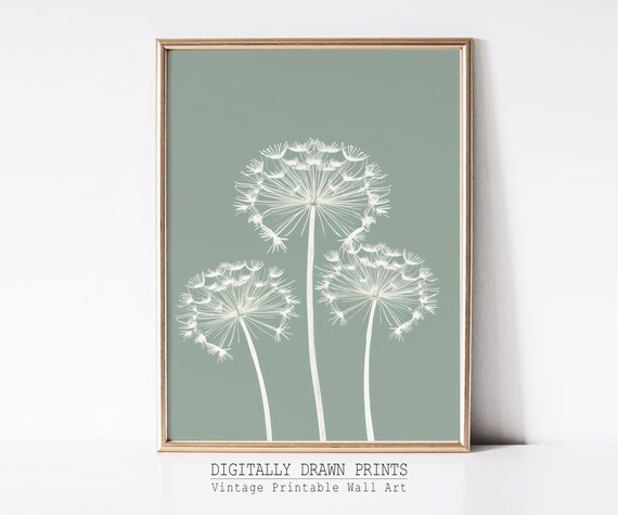 White Dandelion Seed Heads Sage Green Minimal Botanical Wall Art Print