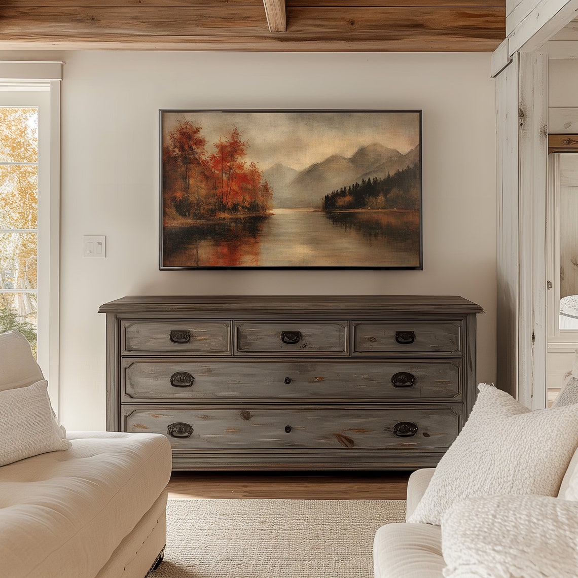 Moody Autumn Mountain Lake Red Fall Trees Calm Reflections Poster - Image 3