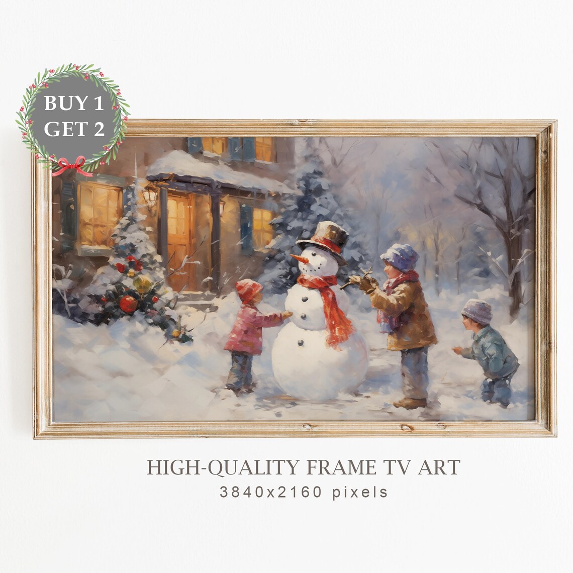 Kids Building Snowman Cozy Winter Scene Vintage Holiday Art Poster