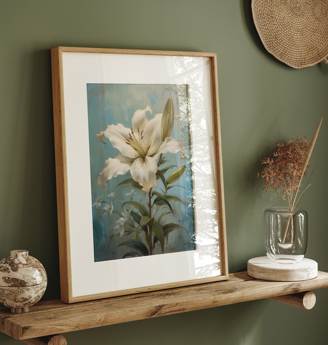 White Lily Antique Oil Painting, Vintage Meadow Print - Image 3