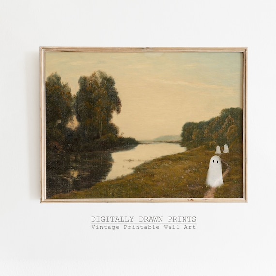 Cute Ghosts by River at Sunset Vintage Landscape Halloween Art Poster