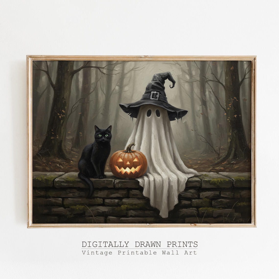 Halloween Black Cat Wall Art Witch Hat With Pumpkin Spooky Cute Print Vintage Decor