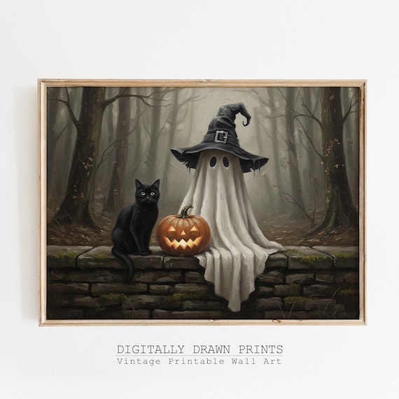 Halloween Black Cat Wall Art Witch Hat With Pumpkin Spooky Cute Print Vintage Decor