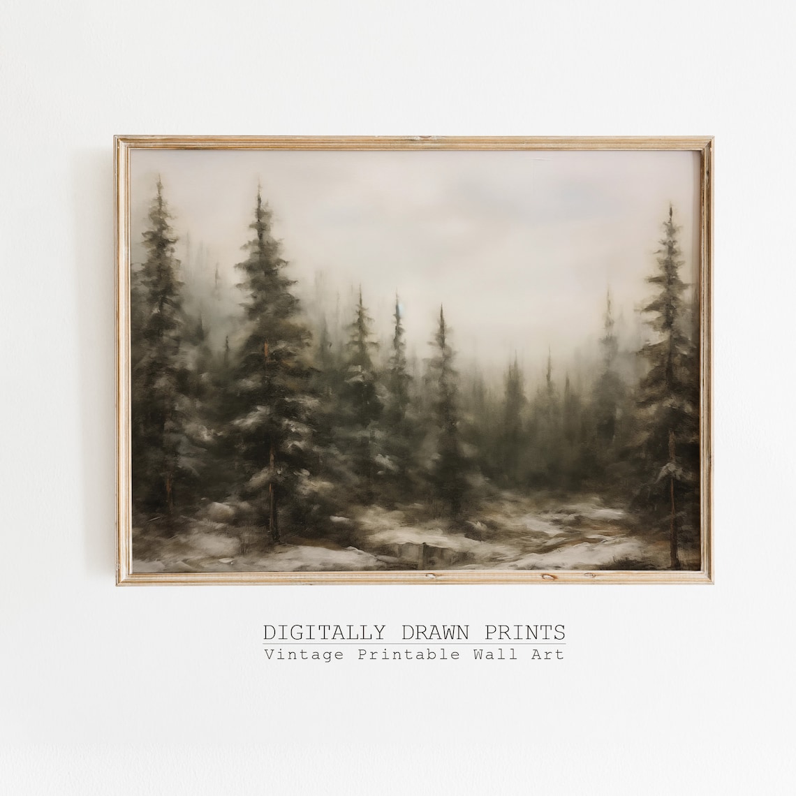 Moody Foggy Winter Pine Forest Neutral Vintage Christmas Poster