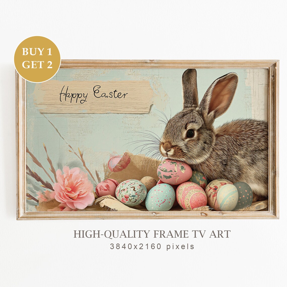 Happy Easter Bunny Decorated Eggs Vintage Style Frame TV Art Print Gift