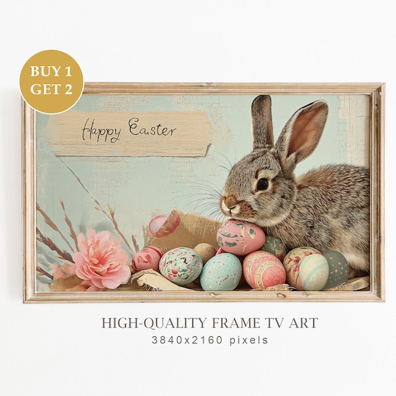 Happy Easter Bunny Decorated Eggs Vintage Style Frame TV Art Print Gift