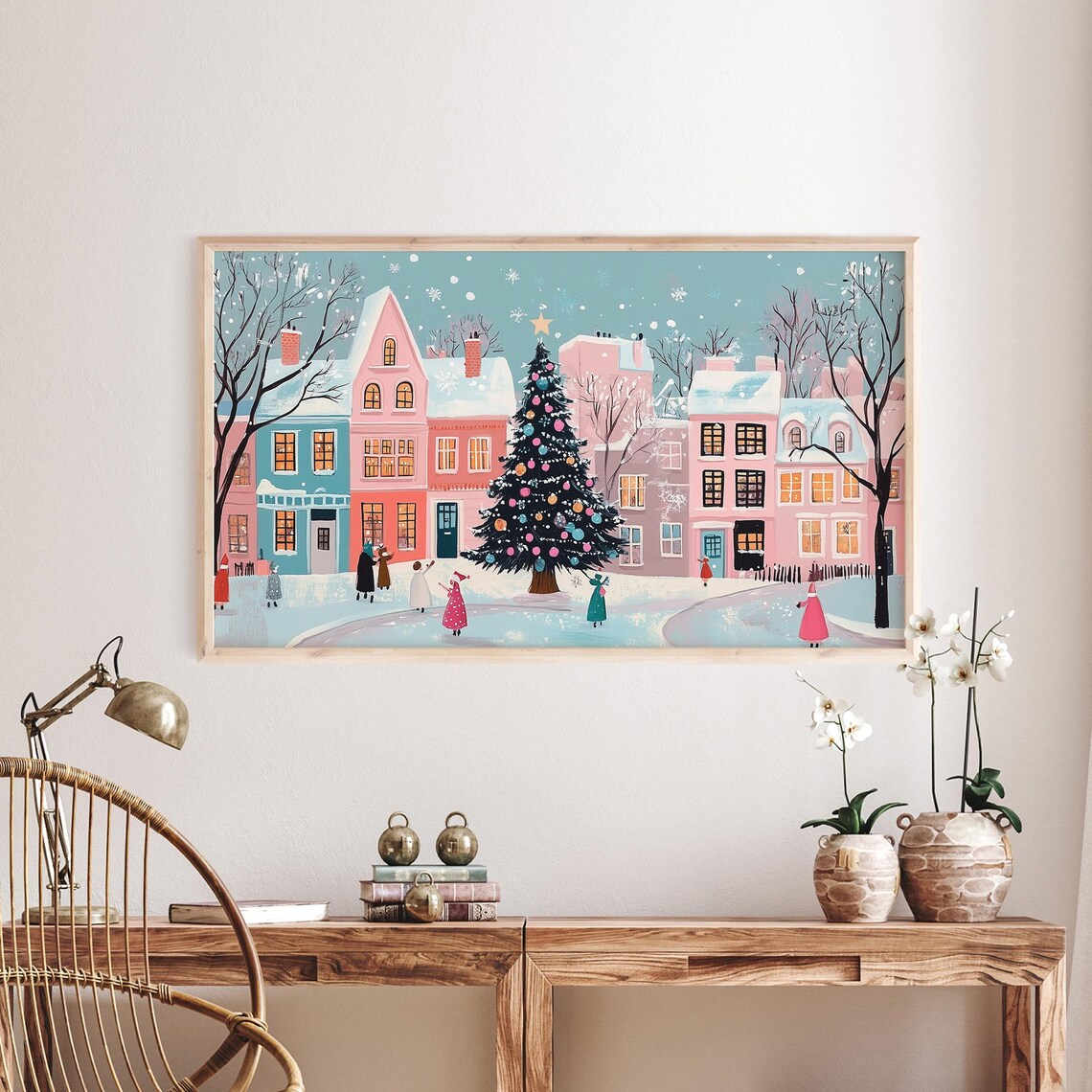 Snowy Pink Village Christmas Landscape Art Print - Image 2