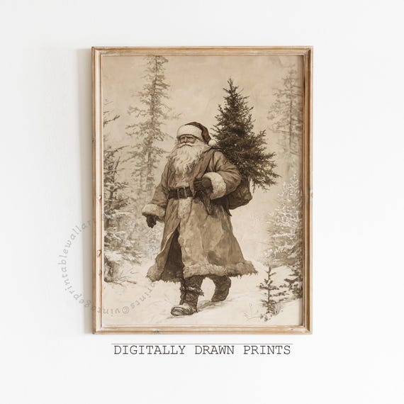 Vintage Christmas Santa Claus and Tree Art Print