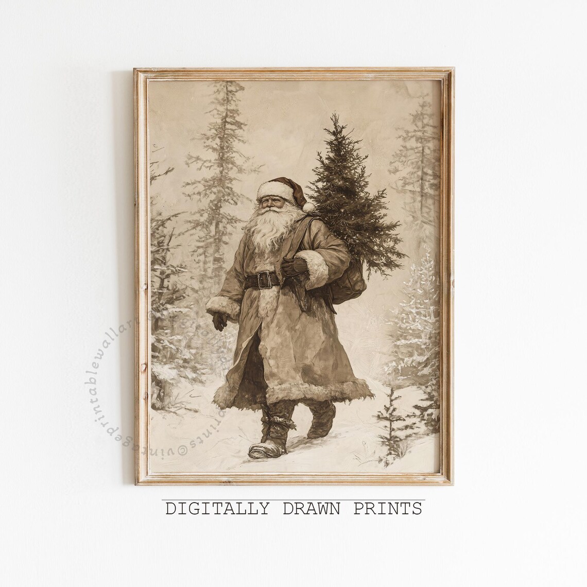 Vintage Christmas Santa Claus and Tree Art Print