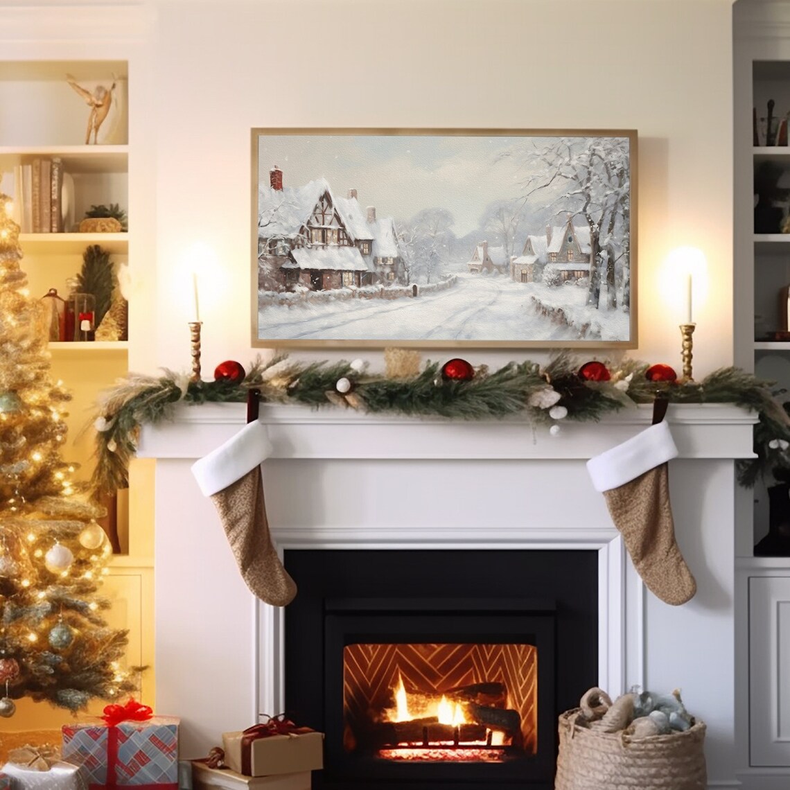 Christmas Winter Village Landscape Art Print - Image 2