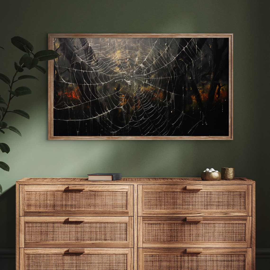 Glowing Spider Web In Dark Forest Moody Halloween Spooky Night Poster - Image 3