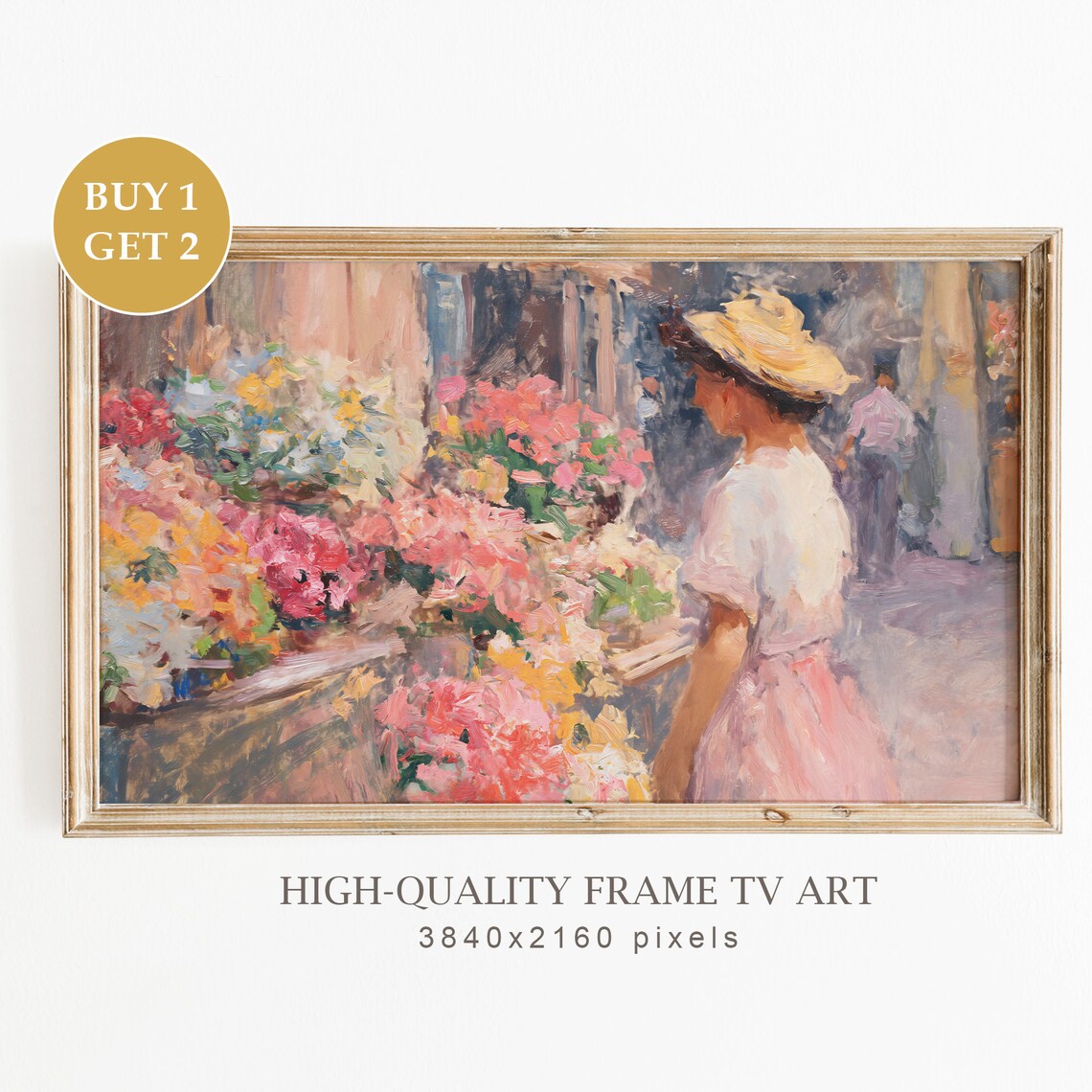 Impressionist Flower Market Woman In Straw Hat Pink Dress Art Print
