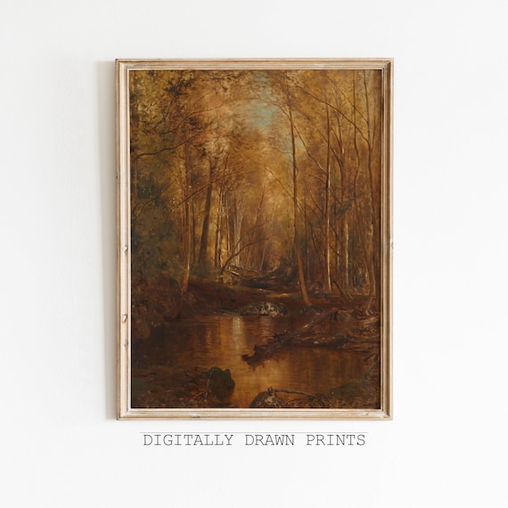 Golden Autumn Forest Stream Reflections Vintage Moody Landscape Print