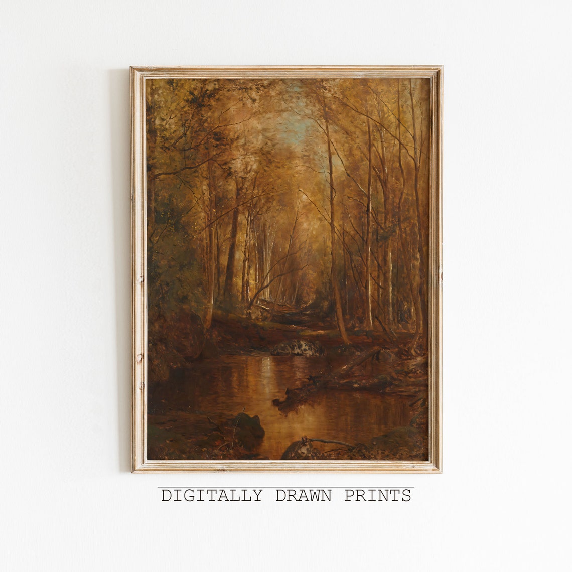 Golden Autumn Forest Stream Reflections Vintage Moody Landscape Print