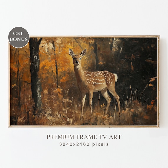 Vintage Fall Frame Tv Art Moody Autumn Decor Rustic Landscape Oil Painting Thanksgiving Instant Decor Deer In A Forest Tv Frame Art