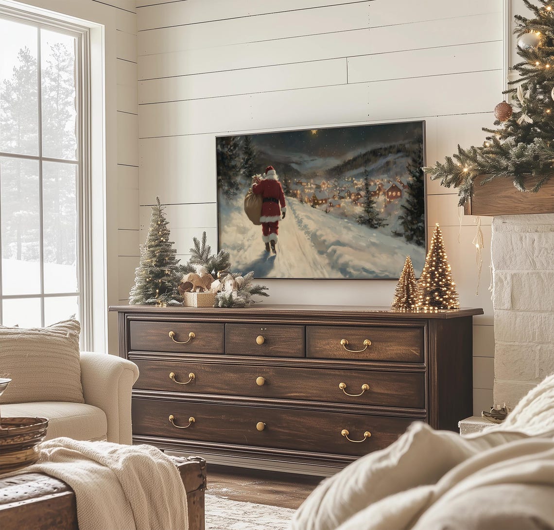 Vintage Christmas Frame Tv Art Santa In Snowy Village Landscape Painting Farmhouse Christmas Holiday Decor Tv Art - Image 3