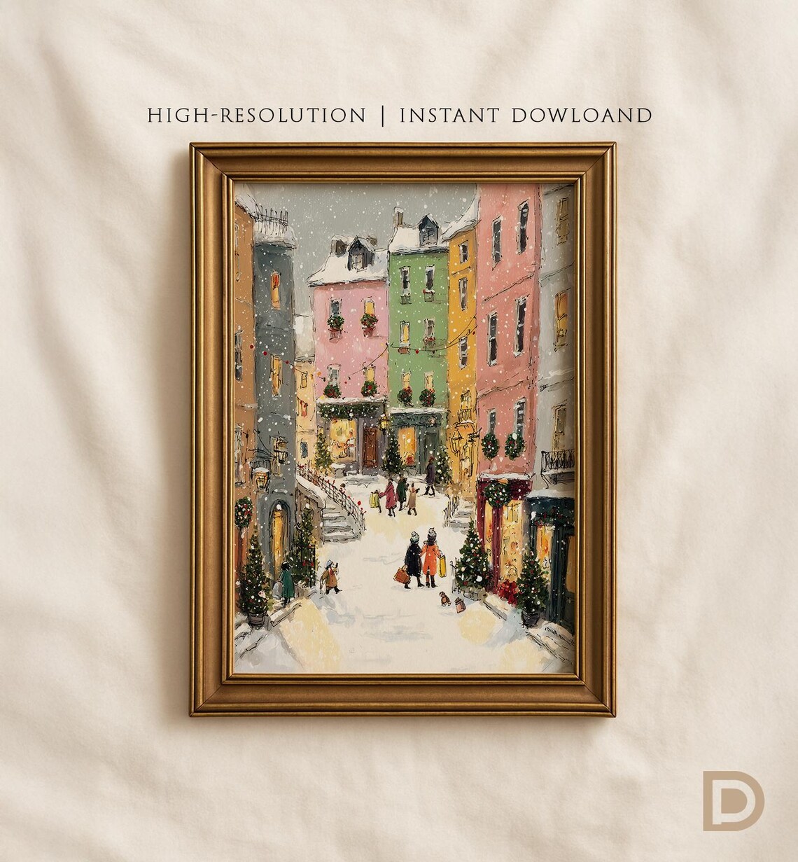Snowy Christmas Village Street Colorful Houses Holiday Art Poster