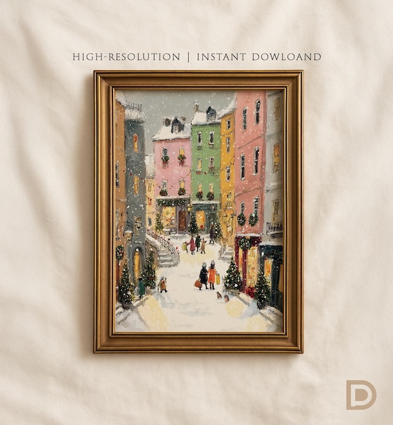 Snowy Christmas Village Street Colorful Houses Holiday Art Poster