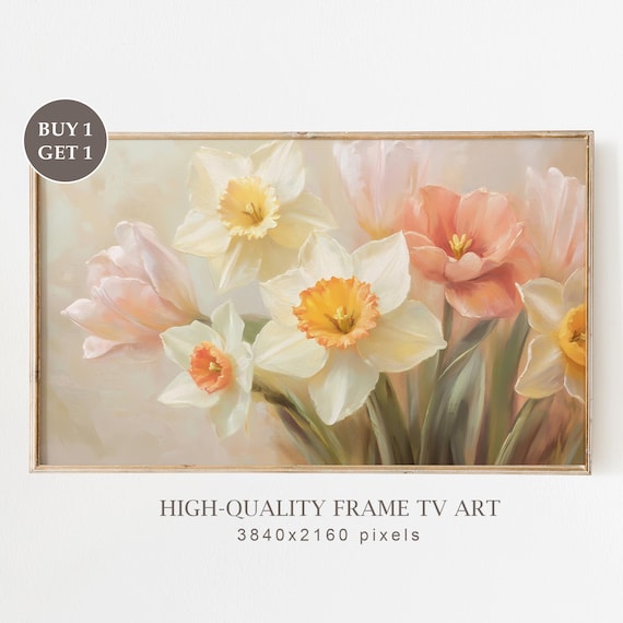 Pastel Daffodils Spring Bouquet Oil Painting Frame TV Art Poster
