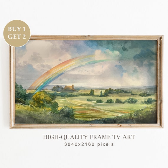 Frame Tv Art St Patricks Day Rainbow Vintage Ireland Landscape Rainbow In The Irish Countryside Shamrock Watercolor Painting Tv Frame