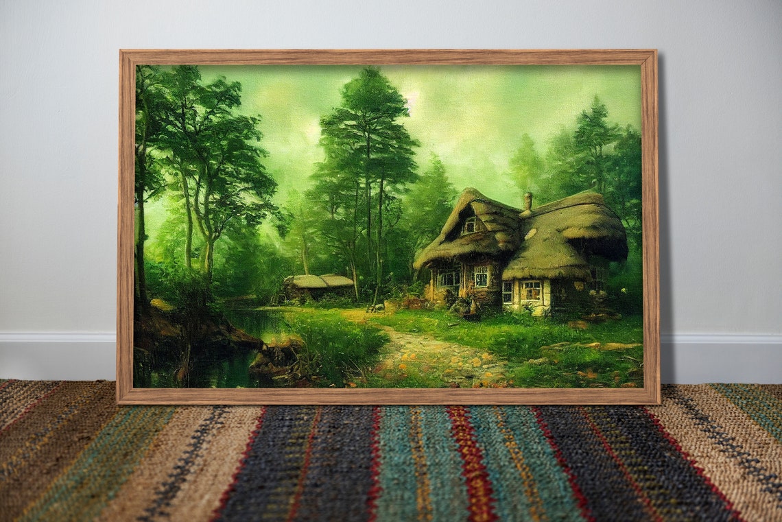 Rustic Cottage Forest Oil Painting Vintage Moody Wall Art Art - Image 3