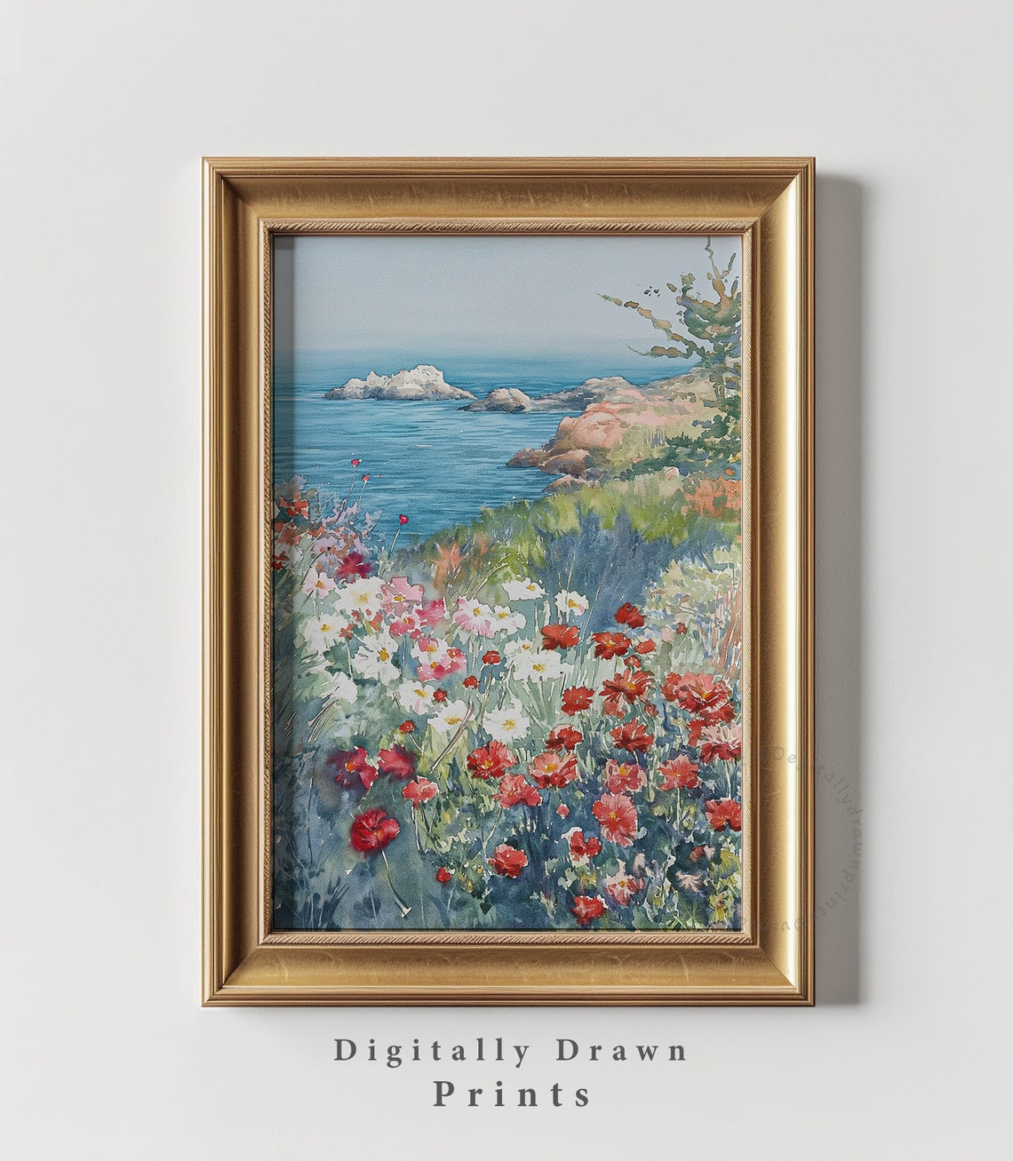 Coastal Wildflower Field Watercolor Red Cosmos Ocean View Poster - Image 5