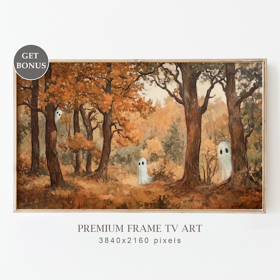 Three Cute Ghosts Autumn Forest Fall Foliage Whimsical Poster