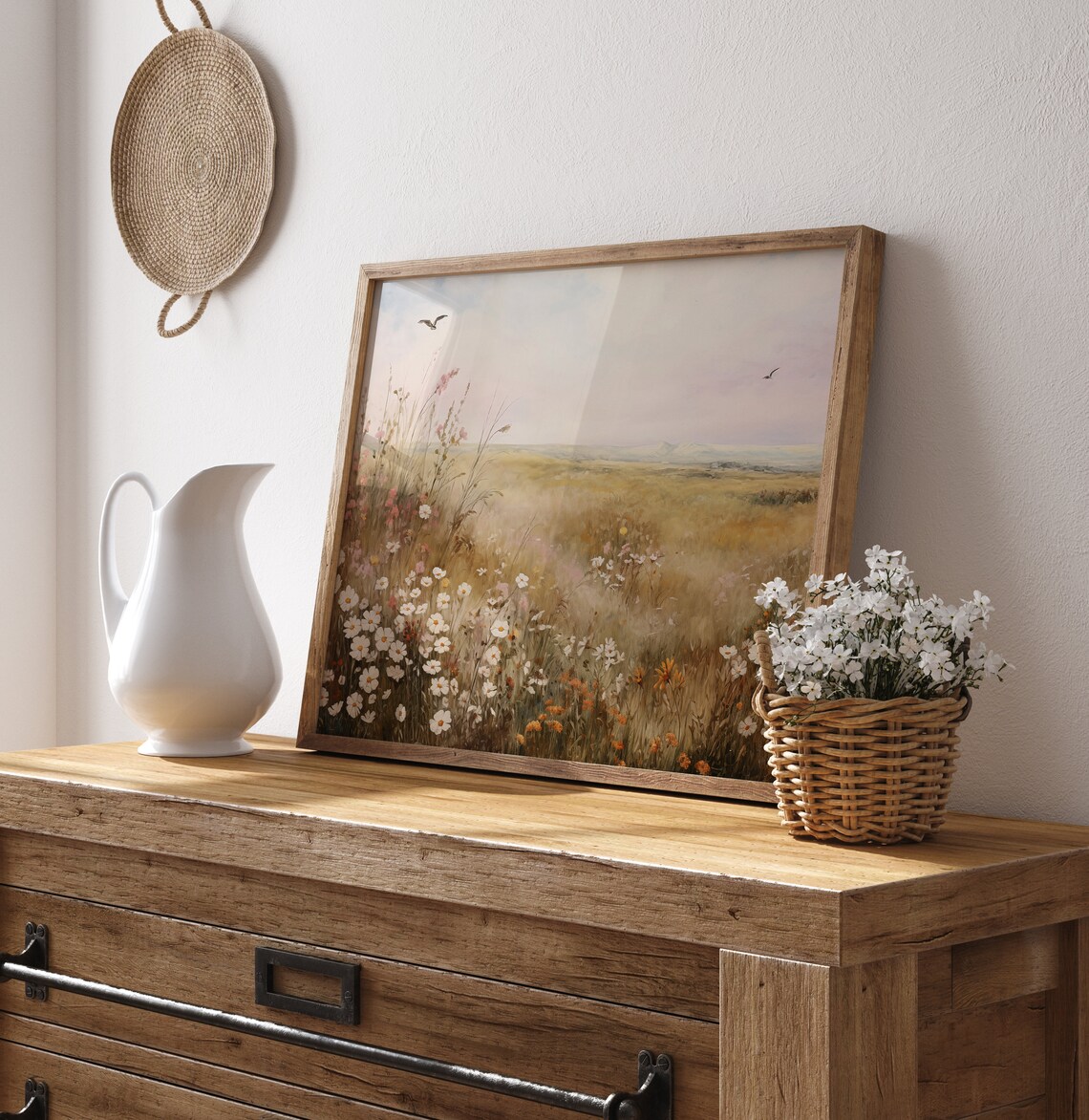 Misty Daisy Field Birds Flying Soft Pink Sky Vintage Impressionist Print - Image 2