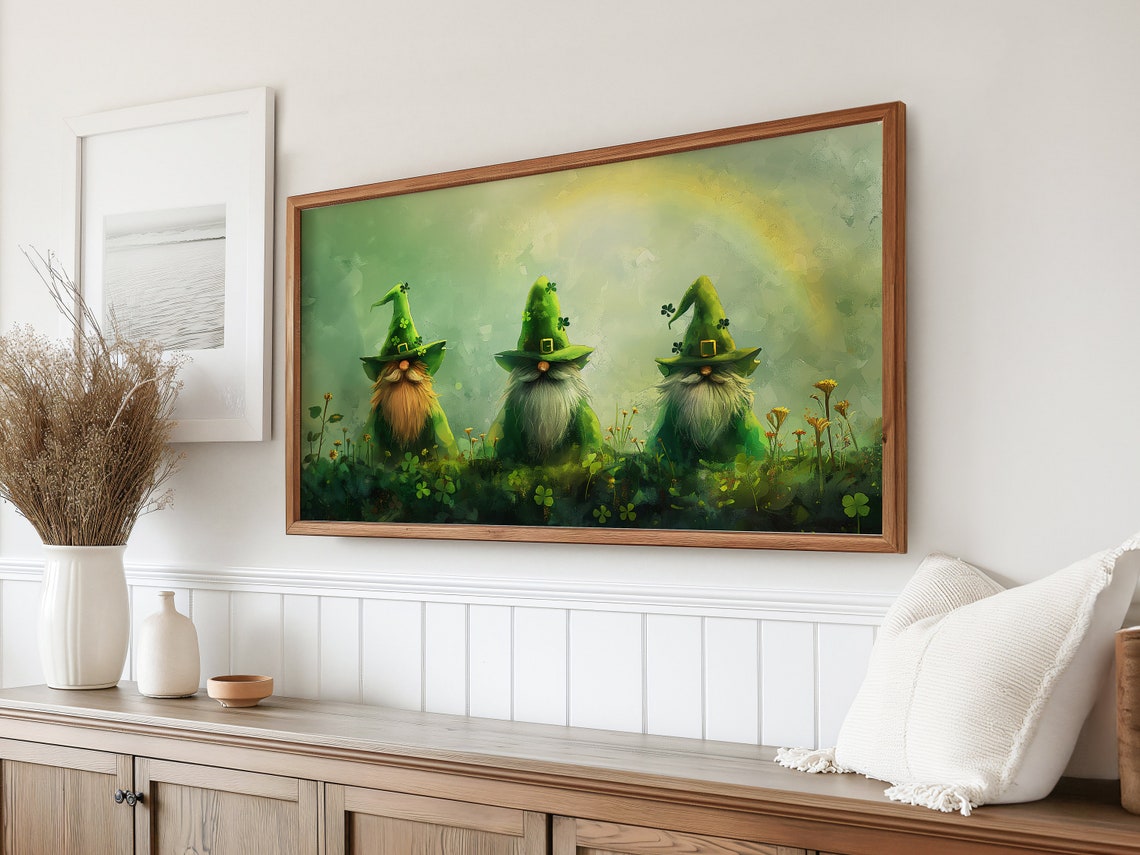 Three Leprechaun Gnomes Green Hats Rainbow Field St Patricks Poster - Image 2